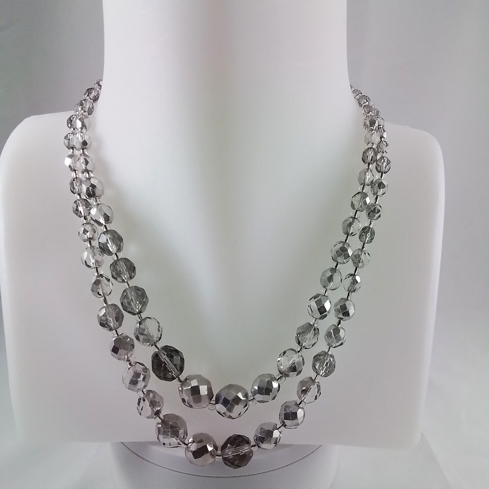 Vintage Faceted Smokey Clear Glass Crystal Double Beaded Beaded Necklace
